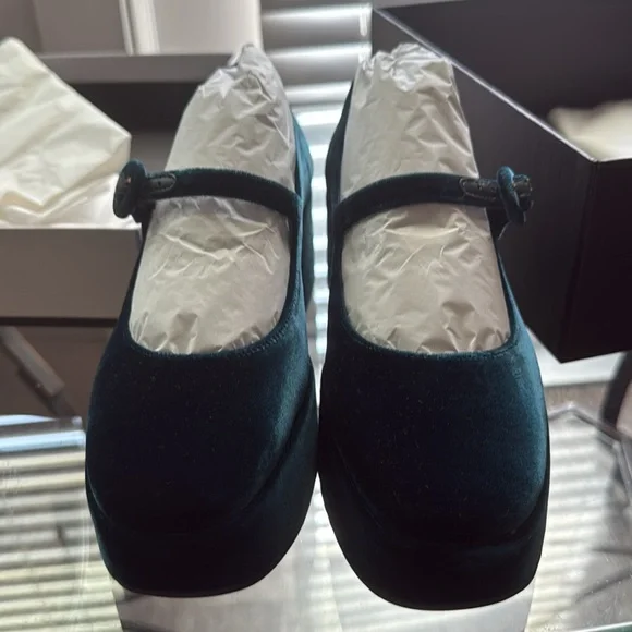 Larroude Blair Flatform Mary Janes new with box color deepsea velvet teal - Picture 5 of 8